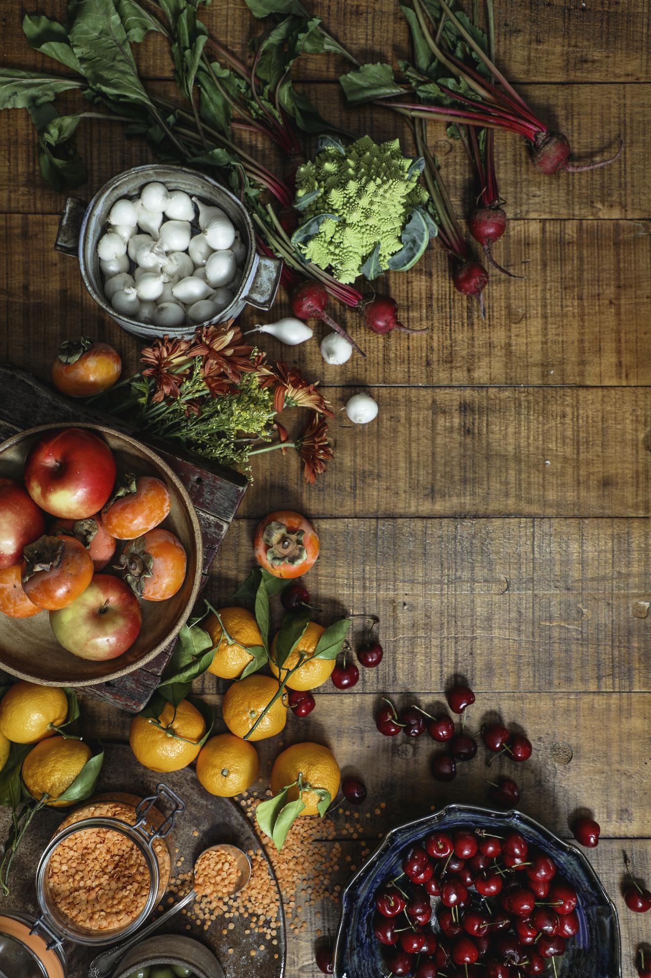 Close view of seasonal produce on a wooden table