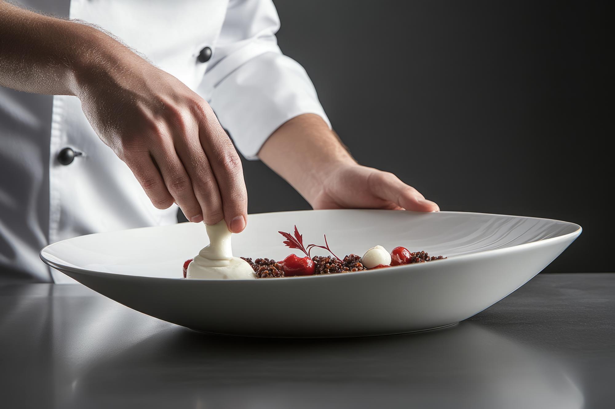 Chef plating a composed dish in warm studio lighting